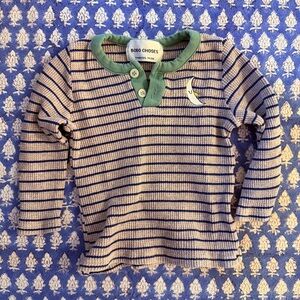 Bobo Choses Kids Long Sleeve Shirt - Cream and Navy Stripes with Green Collar